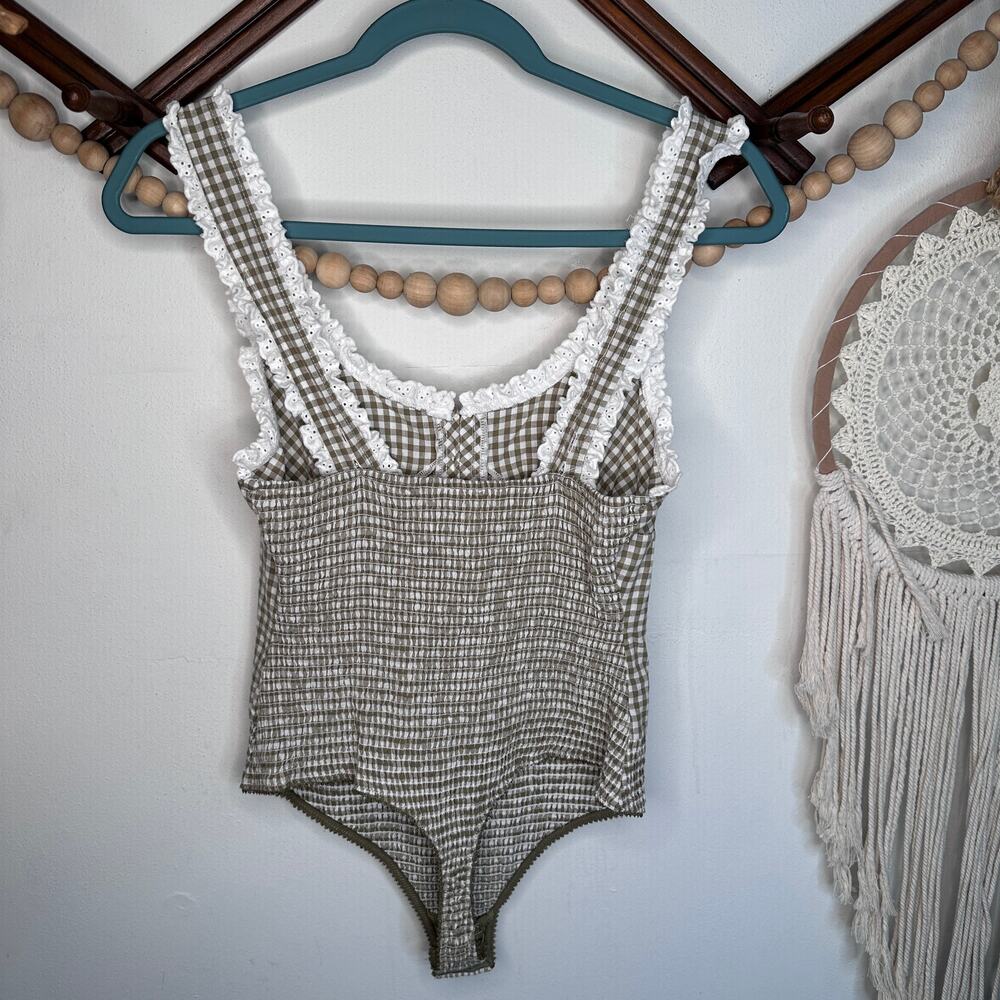 Intimately Free People Cassie Olive Green Gingham Eyelet Trim Bodysuit - Picture 3 of 4